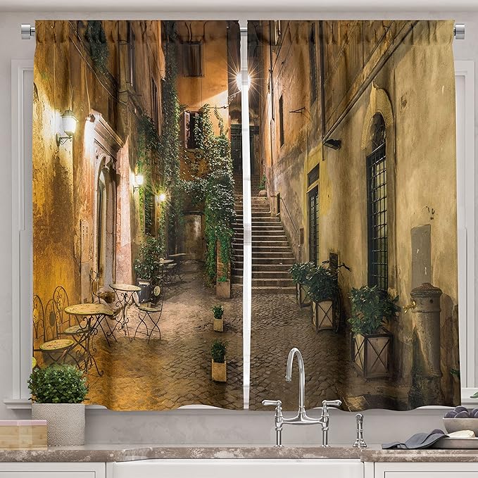 Ambesonne Italian Long Kitchen Curtains, Old Courtyard Rome Italy Cafe Chairs City Historic Houses in Street, Two Panels Drapes with Rod Pocket Room Decor, 55" x 45", Orange Brown