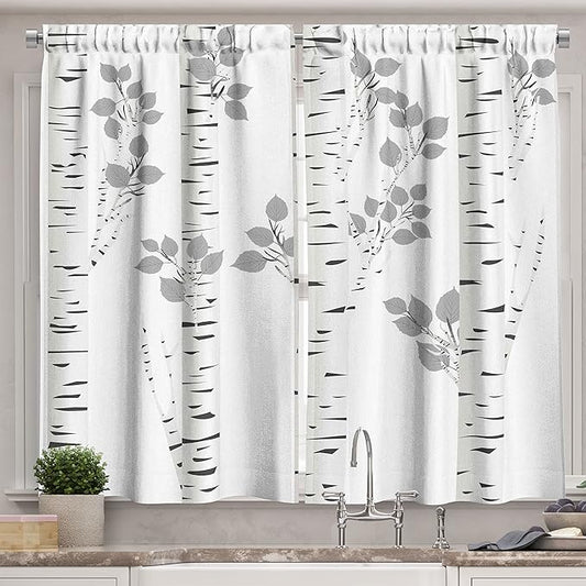 Ambesonne Birch Tree Long Kitchen Curtains, White Branches with Leaves Autumn Nature Forest Inspired Image Print, Two Panels Drapes with Rod Pocket Room Decor, 55" x 45", White Grey