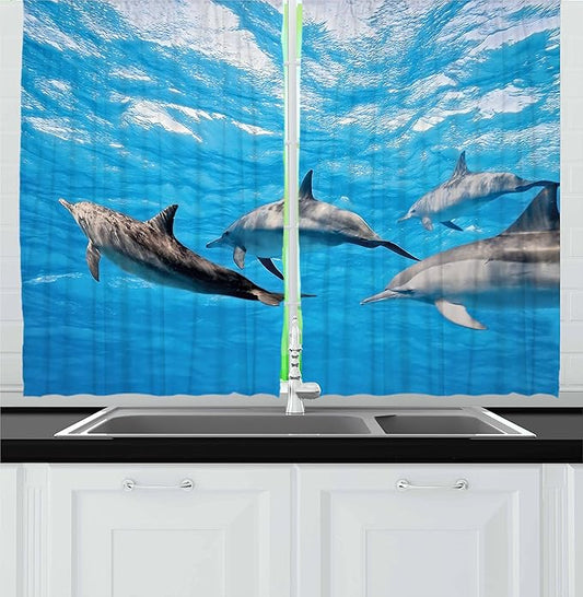 Ambesonne Dolphin Kitchen Curtains, Underwater Photography of Dolphins Happily Swimming Ocean Animal Life Image Print, Window Drapes 2 Panel Set for Kitchen Cafe Decor, 55" x 36", Blue Grey