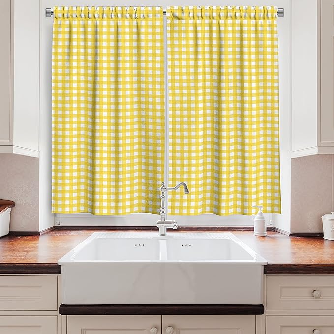 Ambesonne Checkered Kitchen Curtains, Classic English Pattern in Yellow Picnic in Summertime Theme Retro Striped, Window Drapes 2 Panel Set for Kitchen Cafe Decor, 55" x 39", Yellow White