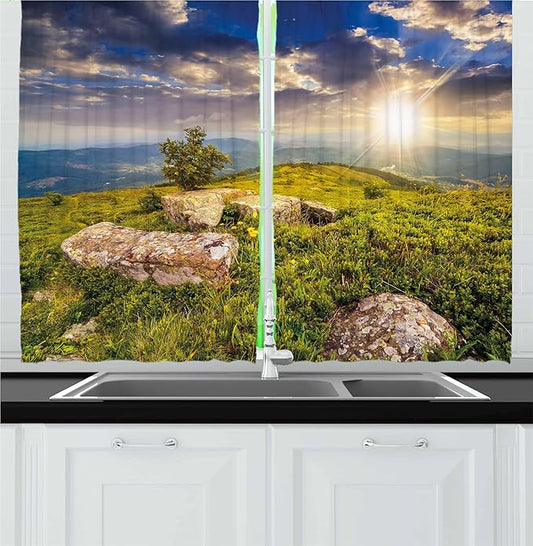 Ambesonne Mountain Kitchen Curtains, Small Tree Behind Boulders Hillside Grass Greenery Meadow Scenic Dramatic, Window Drapes 2 Panel Set for Kitchen Cafe Decor, 55" x 30", Mustard Green