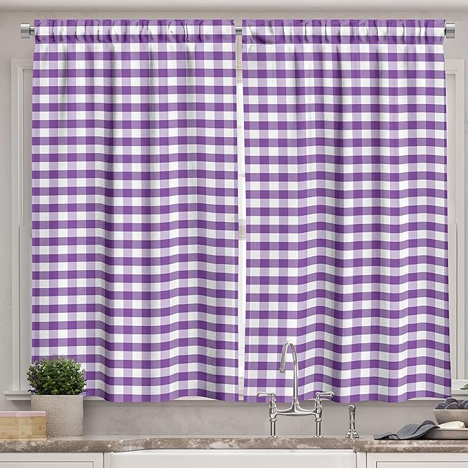 Ambesonne Checkered Long Kitchen Curtains, Purple and White Colored Gingham Checks Rows Picnic Theme Vintage Style Print, Two Panels Drapes with Rod Pocket Room Decor, 55" x 45", Purple White