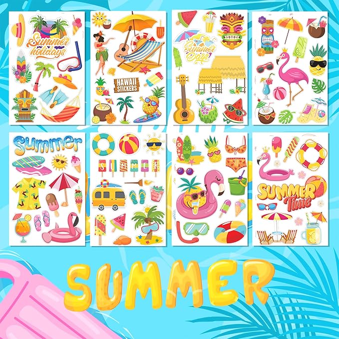 8 Sheets Summer Beach Window Clings Hawaiian Themed Static Window Stickers Refrigerator Glass Stickers Party Decorations Add Joy to The Season and Home Decoration