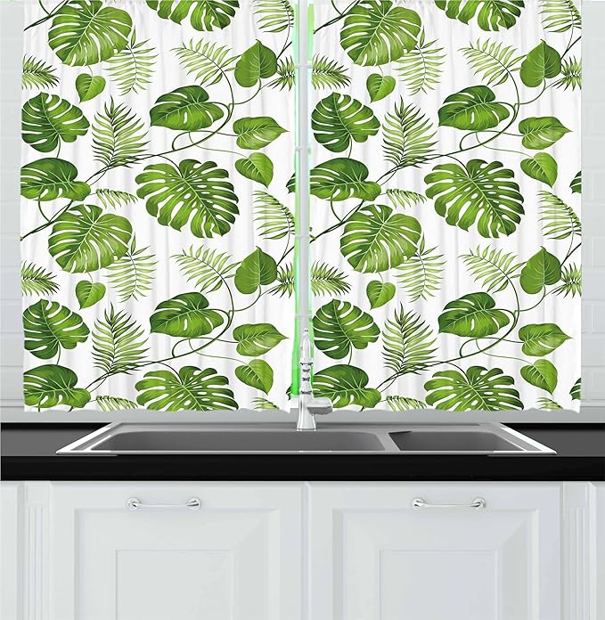 Ambesonne Leaf Kitchen Curtains, Brazilian Rainforest Foliage Nature Ivy Swirls Palm Banana Trees Leaves Art Print, Window Drapes 2 Panel Set for Kitchen Cafe Decor, 55" x 30", Fern Green