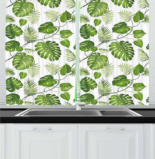 Ambesonne Leaf Kitchen Curtains, Brazilian Rainforest Foliage Nature Ivy Swirls Palm Banana Trees Leaves Art Print, Window Drapes 2 Panel Set for Kitchen Cafe Decor, 55" x 36", Fern Green