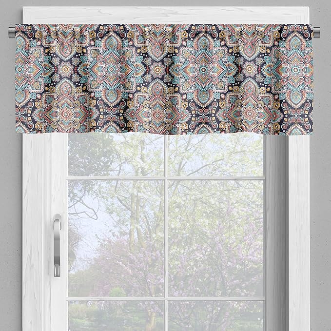 Ambesonne Ethnic Valance & Tier Curtain 3 pcs Set, Bohemian Style Motif Vintage Oriental Inspired Traditional Art, Window Treatments for Kitchen Room Decor, 55" x 36", Navy Teal