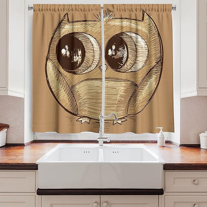 Ambesonne Cartoon Long Kitchen Curtains, Owl Sketch with Realistic Eyes and Very Tiny Feet Style Drawing Print, Two Panels Drapes with Rod Pocket Room Decor, 55" x 45", Brown