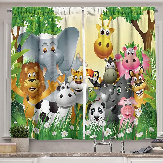 Ambesonne Animal Long Kitchen Curtains, Animals in Jungle Elephant Giraffe Panda Bear Pig Lion Hippo Rhino Cartoon Art, Two Panels Drapes with Rod Pocket Room Decor, 55" x 45", Yellow Pastel