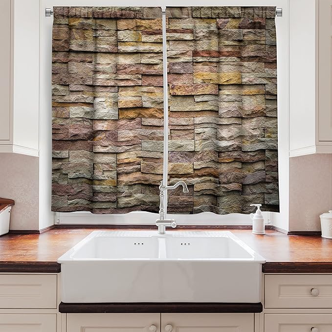 Ambesonne Marble Long Kitchen Curtains, Urban Brick Slate Stone Wall with Rocks Featured Facade Architecture Town Picture, Two Panels Drapes with Rod Pocket Room Decor, 55" x 45", Tan Brown