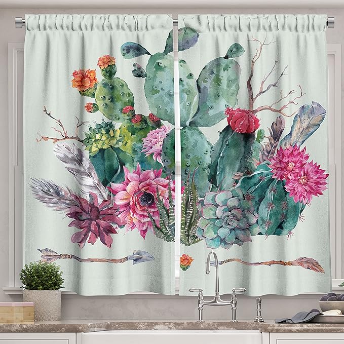 Ambesonne Cactus Kitchen Curtains, Spring Garden with Boho Style Bouquet of Thorny Plants Blossoms Arrows Feathers, Window Drapes 2 Panel Set for Kitchen Cafe Decor, 55 X 39, Mint Green