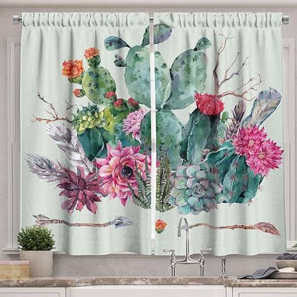 Ambesonne Cactus Long Kitchen Curtains, Spring Garden with Boho Style Bouquet of Thorny Plants Blossoms Arrows Feathers, Two Panels Drapes with Rod Pocket Room Decor, 55" x 45", Mint Green