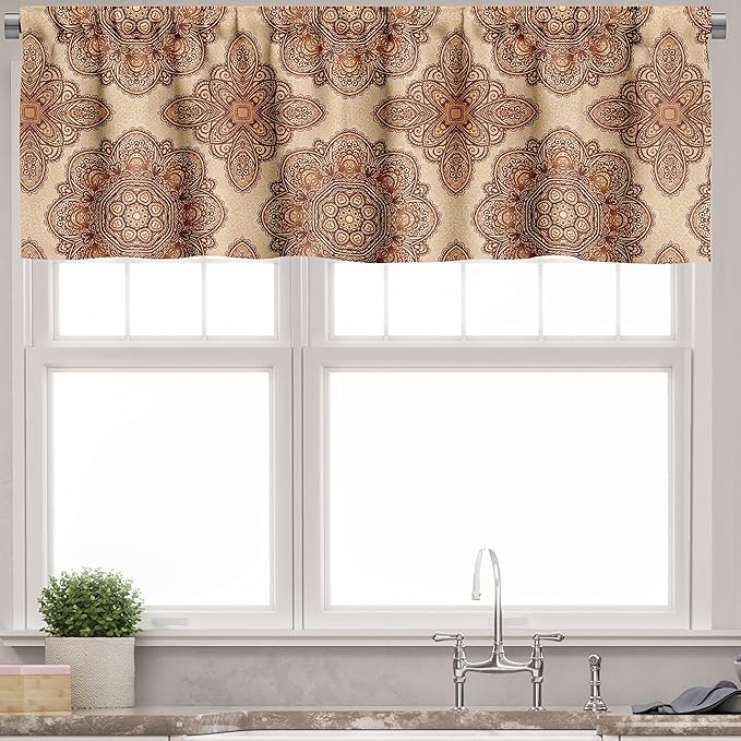 Ambesonne Ethnic Valance & Tier Curtain 3 pcs Set, Mandala Style Floral Flower with Abstract Paisley Backdrop Art Print, Window Treatments for Kitchen Room Decor, 55" x 45", Dark Brown