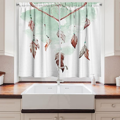 Ambesonne Feather Long Kitchen Curtains, Watercolor Vibrant Dream Catcher with Ornamental Elements Traditional Design, Two Panels Drapes with Rod Pocket Room Decor, 55" x 45", Green Brown