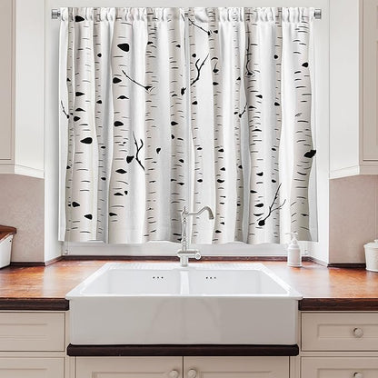 Ambesonne Birch Tree Long Kitchen Curtains, Forest Seasonal Nature Woodland Leafless Branches Grove Botany Illustration, Two Panels Drapes with Rod Pocket Room Decor, 55" x 45", Black and White