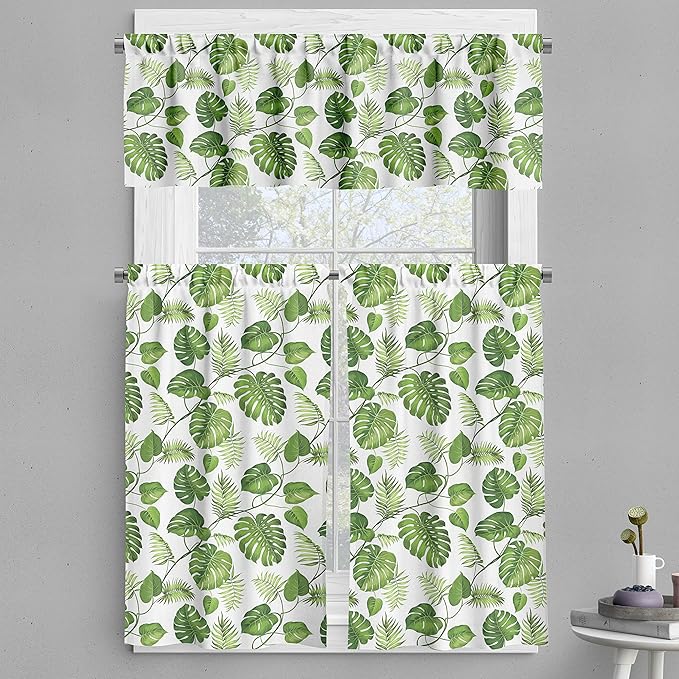 Ambesonne Leaf Valance & Tier Curtain 3 pcs Set, Brazilian Rainforest Foliage Nature Ivy Swirls Palm Banana Trees Leaves Art Print, Window Treatments for Kitchen Room Decor, 55" x 24", Fern Green