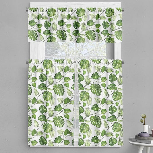 Ambesonne Leaf Valance & Tier Curtain 3 pcs Set, Brazilian Rainforest Foliage Nature Ivy Swirls Palm Banana Trees Leaves Art Print, Window Treatments for Kitchen Room Decor, 55" x 24", Fern Green