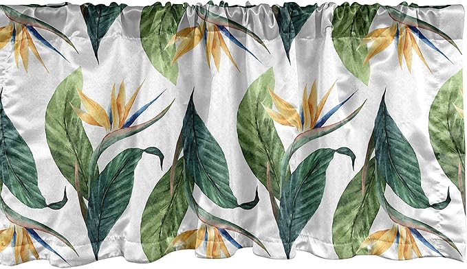 Ambesonne Exotic Window Valance, Macro Watercolor Painting of Bird of Paradise Flower and Leaves, Curtain Valance for Kitchen Bedroom Decor with Rod Pocket, 54" X 12", Green Yellow