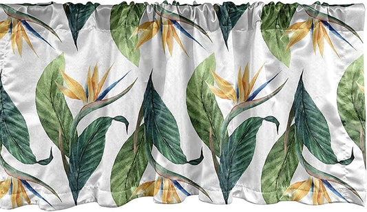 Ambesonne Exotic Window Valance, Macro Watercolor Painting of Bird of Paradise Flower and Leaves, Curtain Valance for Kitchen Bedroom Decor with Rod Pocket, 54" X 18", Green Yellow