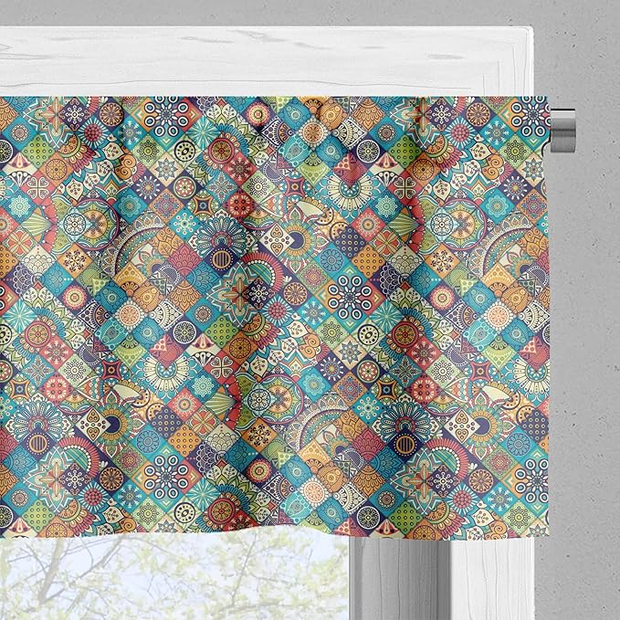 Ambesonne Bohemian Valance & Tier Curtain 3 pcs Set, Geometric Pattern Ornamental Floral Folk Art Abstract, Window Treatments for Kitchen Room Decor, 55" x 45", Blue Cream