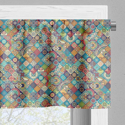 Ambesonne Bohemian Valance & Tier Curtain 3 pcs Set, Geometric Pattern Ornamental Floral Folk Art Abstract, Window Treatments for Kitchen Room Decor, 55" x 45", Blue Cream