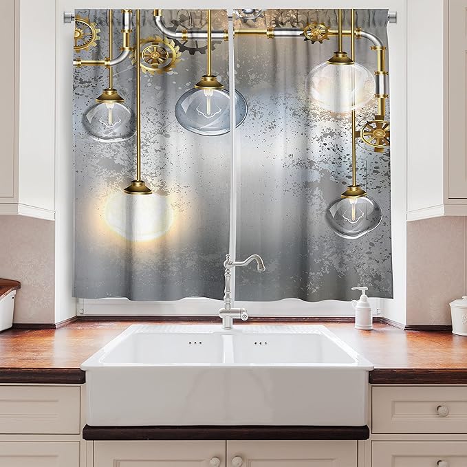 Ambesonne Industrial Long Kitchen Curtains, Steampunk Style Antique Composition Brass Fastening Round Print, Two Panels Drapes with Rod Pocket Room Decor, 55" x 45", Gold Grey