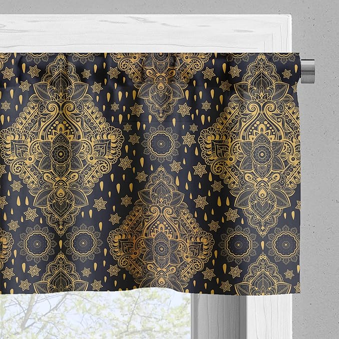 Ambesonne Mandala Valance & Tier Curtain 3 pcs Set, Bohemian Paisley Ornament Tattoo Vintage Design Print, Window Treatments for Kitchen Room Decor, 55" x 36", Grey Charcoal