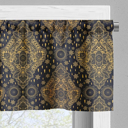 Ambesonne Mandala Valance & Tier Curtain 3 pcs Set, Bohemian Paisley Ornament Tattoo Vintage Design Print, Window Treatments for Kitchen Room Decor, 55" x 36", Grey Charcoal