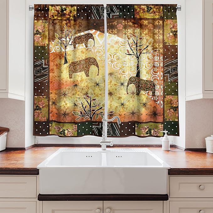 Ambesonne African Kitchen Curtains, Patchwork Inspired Pattern Grunge Vintage Featured Elephants Trees Roses Print, Window Drapes 2 Panel Set for Kitchen Caf鬠Multi 1, 55" W By 39" L