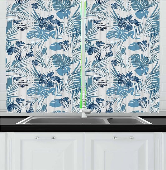 Ambesonne Leaf Kitchen Curtains, Island Ocean Beach Sea Inspired Hawaiian Flowers Palm Tree Leaves Art Print, Window Drapes 2 Panel Set for Kitchen Cafe Decor, 55" x 30", Blue Lilac