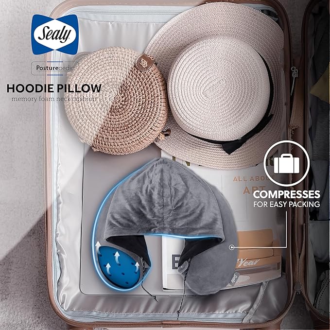 Sealy, Infused-Gel Hooded Travel Pillow with Airflow Memory Foam, Tailored Just for You with Contoured Support, The Ultimate Rest for Flights, Rides, and Your Home, Blocks Cold Drafts, Gray