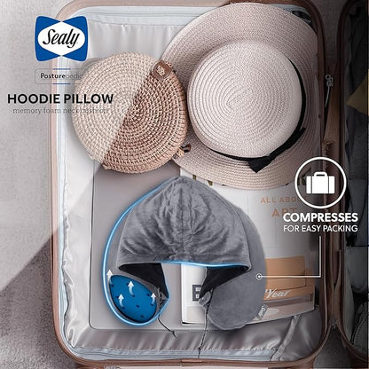 Sealy, Infused-Gel Hooded Travel Pillow with Airflow Memory Foam, Tailored Just for You with Contoured Support, The Ultimate Rest for Flights, Rides, and Your Home, Blocks Cold Drafts, Gray