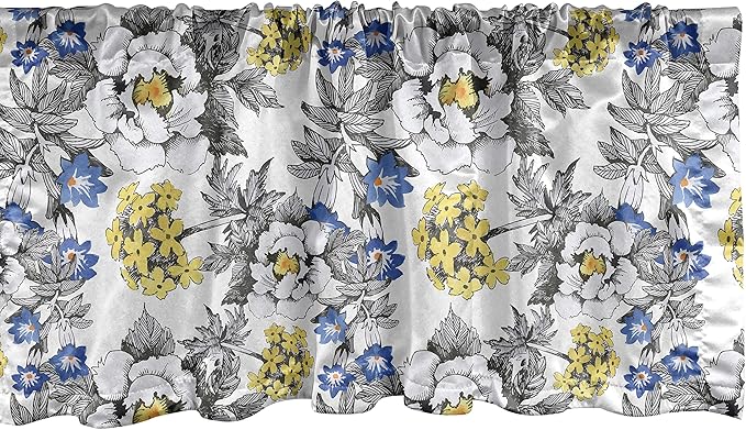 Ambesonne Garden Window Valance, Romantic Peony Hydrangea and Blue Violet Blossoms in Sketch Art Style, Curtain Valance for Kitchen Bedroom Decor with Rod Pocket, 54" X 18", Grey Yellow