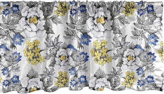 Ambesonne Garden Window Valance, Romantic Peony Hydrangea and Blue Violet Blossoms in Sketch Art Style, Curtain Valance for Kitchen Bedroom Decor with Rod Pocket, 54" X 12", Grey Yellow