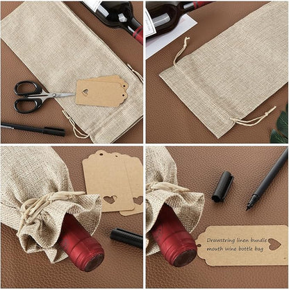 24 Pcs Burlap Wine Bags with Drawstring, Wine Gift Bags for Wine Bottles, Reusable Wine Bottle Cover with Blank Tags and Ropes for Christmas, Wedding, Birthday, Travel, Holiday, Party, Home Storage