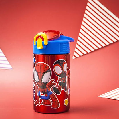 Zak Designs Marvel Spider-Man 18/8 Single Wall Stainless Steel Kids Water Bottle, Flip Straw Locking Spout Cover, Durable Cup for Sports or Travel (15.5oz, Non-BPA, Spidey and His Amazing Friends)