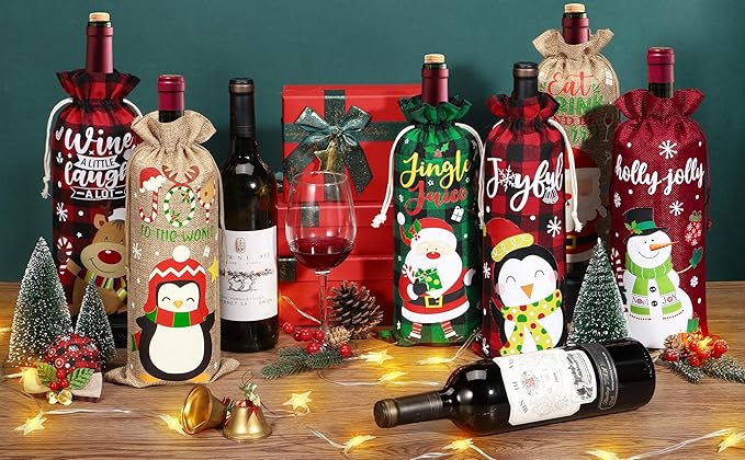 12Pcs Burlap Wine Bags Christmas Wine Gift Bags for Wine Bottles Gifts, Christmas Wine Bottle Bags with Drawstring Holiday Wine Bags, Christmas Wine Bottle Covers for Xmas New Year Holiday Party Decor