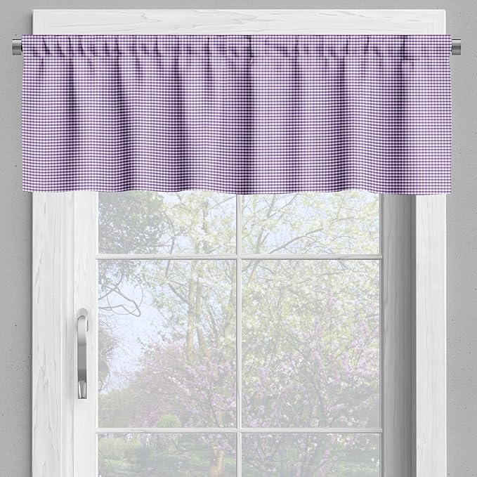 Ambesonne Checkered Valance & Tier Curtain 3 pcs Set, Purple and White Colored Gingham Checks Rows Picnic Theme Vintage Style Print, Window Treatments for Kitchen Room Decor, 55" x 45", Purple White