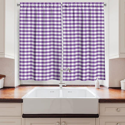 Ambesonne Checkered Long Kitchen Curtains, Purple and White Colored Gingham Checks Rows Picnic Theme Vintage Style Print, Two Panels Drapes with Rod Pocket Room Decor, 55" x 45", Purple White