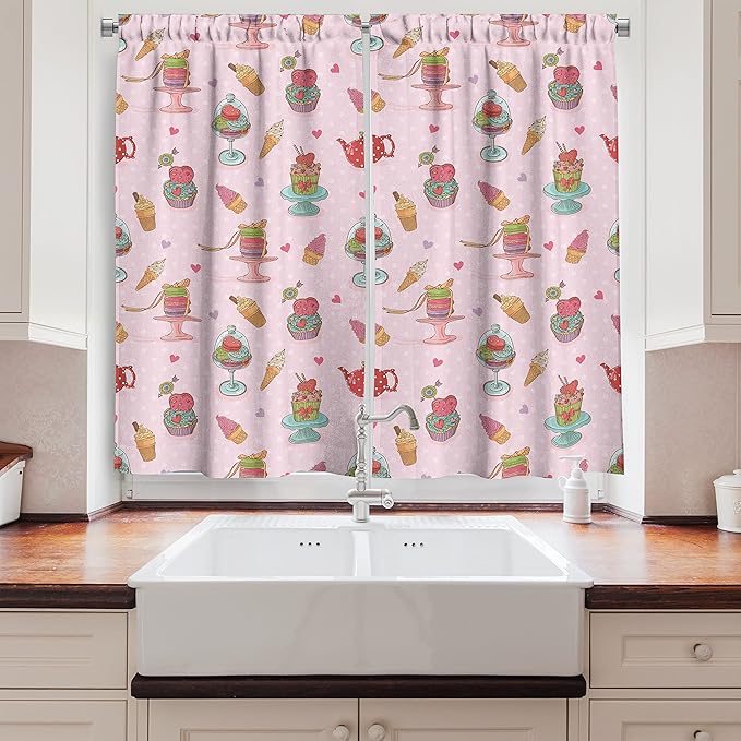 Ambesonne Ice Cream Kitchen Curtains, Retro Style Cupcakes Teapots Candies Cookies on Polka Dots Vintage Kitchen Print, Window Drapes 2 Panel Set for Kitchen Cafe Decor, 55" x 39", Pastel Pink