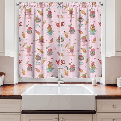 Ambesonne Ice Cream Long Kitchen Curtains, Retro Style Cupcakes Teapots Candies Cookies on Polka Dots Vintage Kitchen Print, Two Panels Drapes with Rod Pocket Room Decor, 55" x 45", Pastel Pink