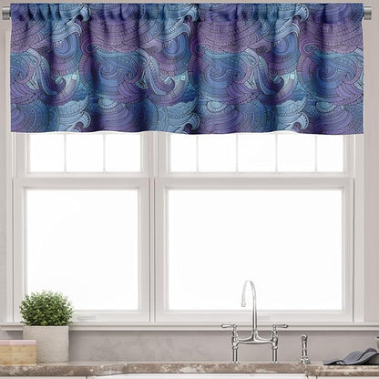 Ambesonne Abstract Valance & Tier Curtain 3 pcs Set, Ocean Inspired Graphic Paisley Swirled Hand Drawn Art Print, Window Treatments for Room Kitchen Decor, 55" x 24", Blue Purple