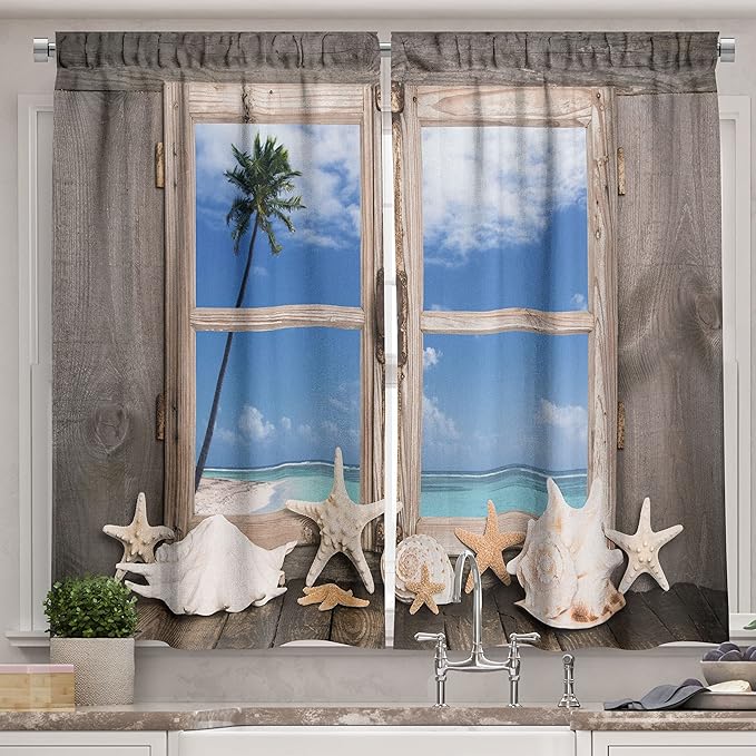 Ambesonne Beach Long Kitchen Curtains, Summer Holiday with Seashells Starfish and Palm Tree Ocean Print, Two Panels Drapes with Rod Pocket Room Decor, 55" x 45", Brown Aqua