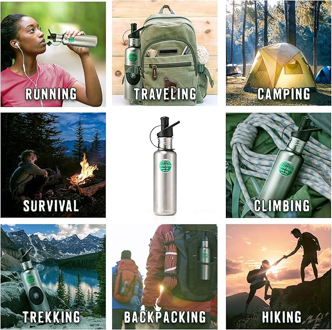 Classic 27oz Metal (stainless steel) water bottle with filter for Fitness & Gym, Home & Office, Camping Hiking Backpacking Outdoor Emergency Rhino