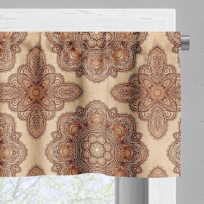 Ambesonne Ethnic Valance & Tier Curtain 3 pcs Set, Mandala Style Floral Flower with Abstract Paisley Backdrop Art Print, Window Treatments for Kitchen Room Decor, 55" x 45", Dark Brown