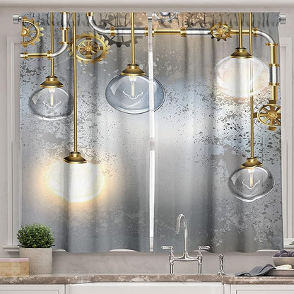 Ambesonne Industrial Long Kitchen Curtains, Steampunk Style Antique Composition Brass Fastening Round Print, Two Panels Drapes with Rod Pocket Room Decor, 55" x 45", Gold Grey