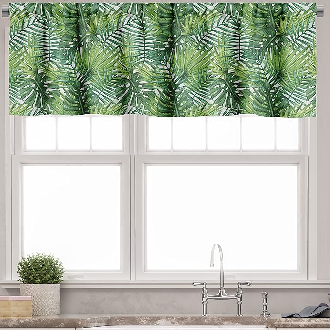 Ambesonne Leaf Valance & Tier Curtain 3 pcs Set, Tropical Exotic Banana Forest Palm Tree Leaves Watercolor Design Image, Window Treatments for Kitchen Room Decor, 55" x 45", Green