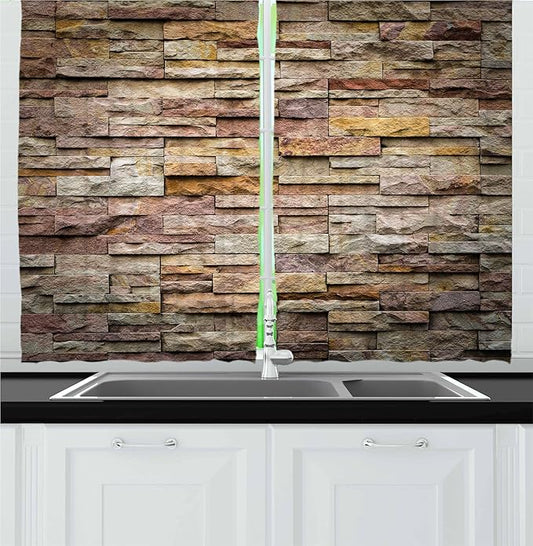 Ambesonne Marble Kitchen Curtains, Urban Brick Slate Stone Wall with Rocks Featured Facade Architecture Town Picture, Window Drapes 2 Panel Set for Kitchen Cafe Decor, 55" x 30", Tan Brown