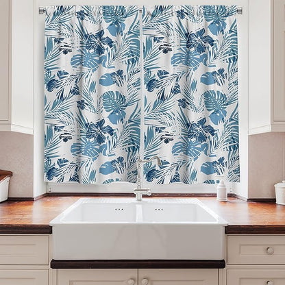 Ambesonne Leaf Long Kitchen Curtains, Island Ocean Beach Sea Inspired Hawaiian Flowers Palm Tree Leaves Art Print, Two Panels Drapes with Rod Pocket Room Decor, 55" x 45", Blue Lilac