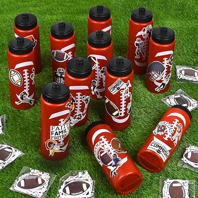 12 Pack Bulk Football Sports Water Bottle with 12 Pack Sticker Gift Set, Squeeze BPA-Free Reusable Water Bottles for Football Team Party Favors Gift（20OZ）