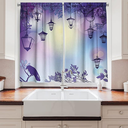 Ambesonne Lantern Kitchen Curtains, Street in a Sinister Violet Environment Raven on a Branch Night, Window Drapes 2 Panel Set for Kitchen Cafe Decor, 55" x 39", Violet Blue